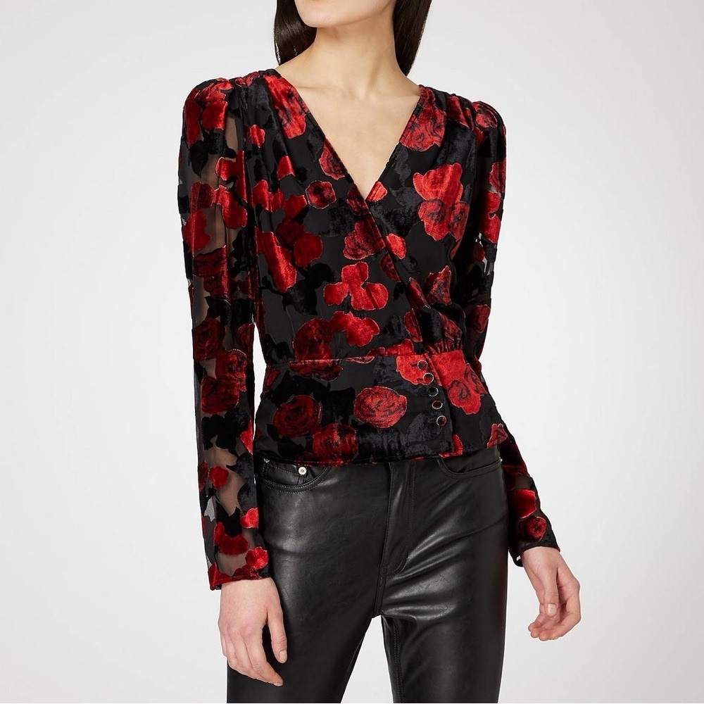 THE KOOPLES Painted Roses Burnout Velvet Top Sheer Floral Jacquard ‘90s Blouse